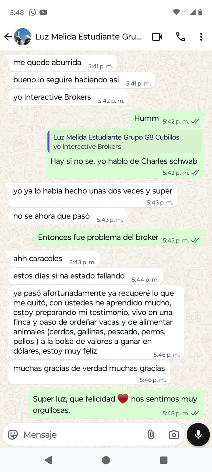 Testimonio de estudiante 1 en WhatsApp