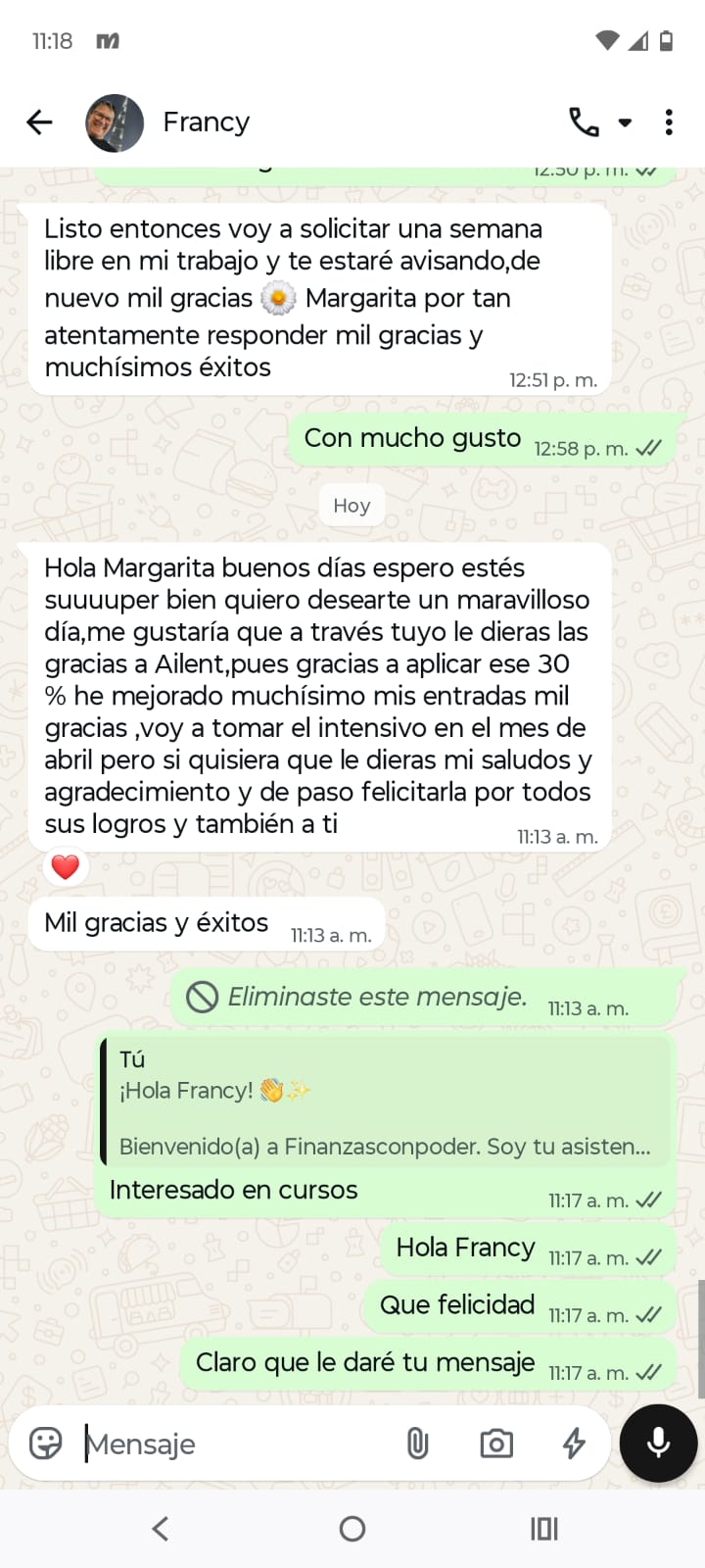 Testimonio de estudiante 6 en WhatsApp