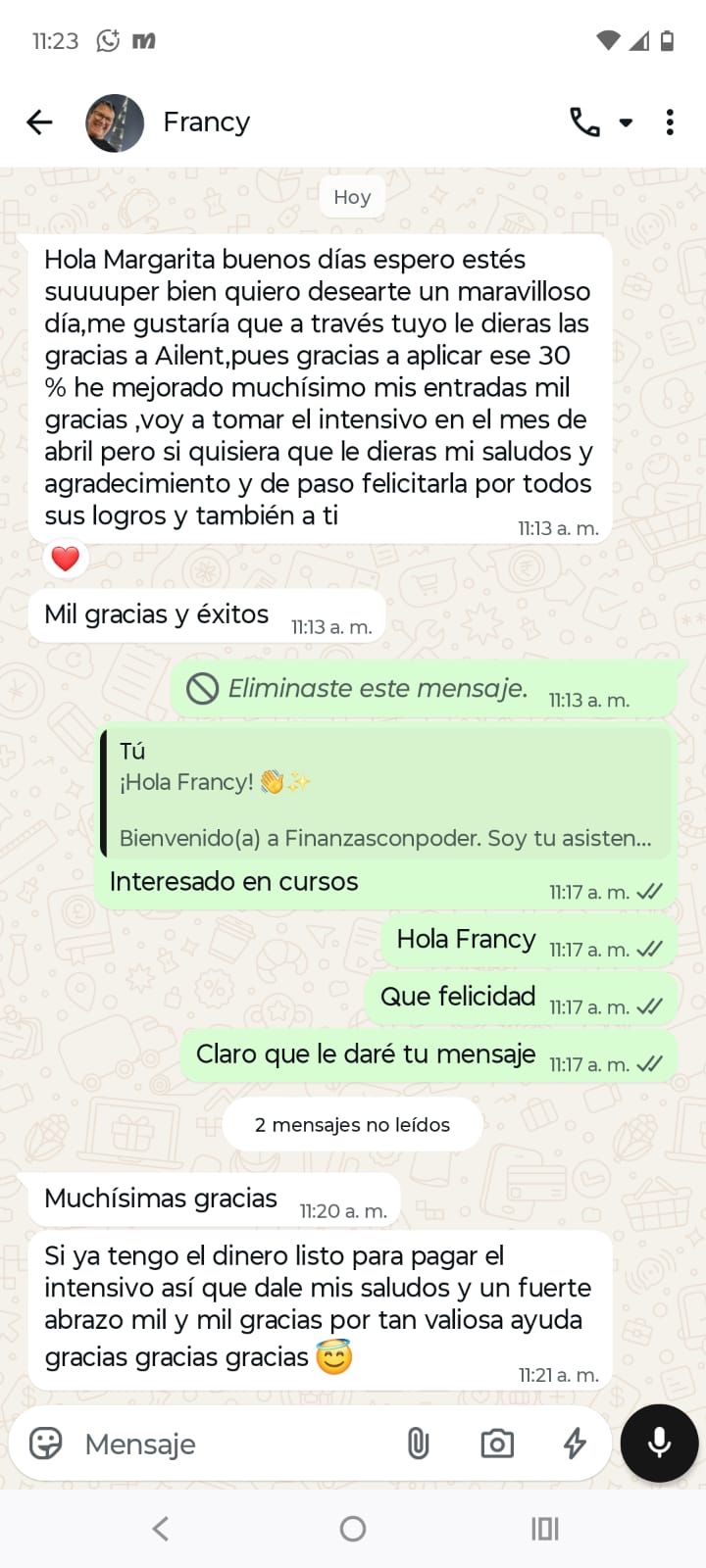 Testimonio de estudiante 1 en WhatsApp