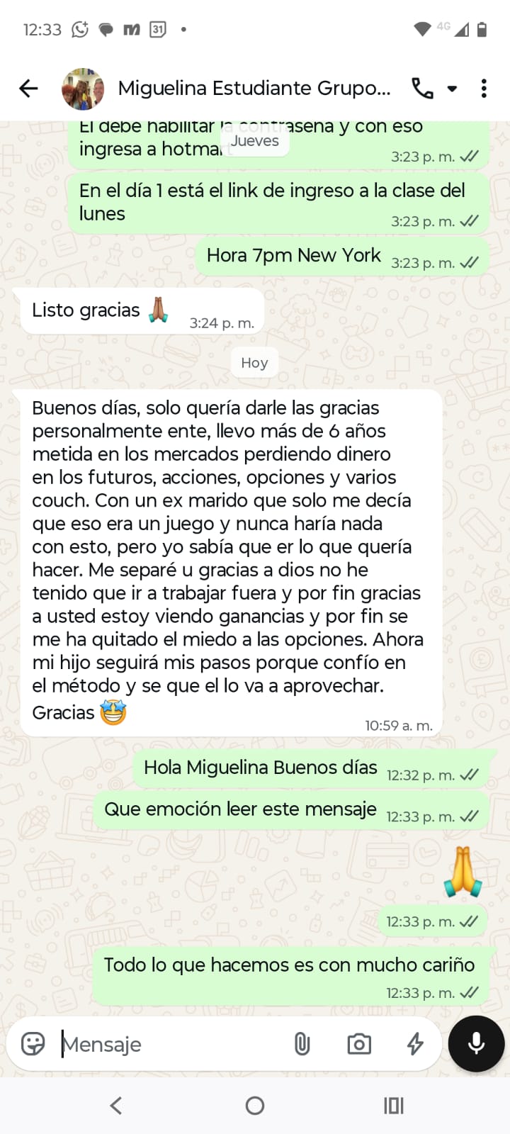 Testimonio de estudiante 2 en WhatsApp