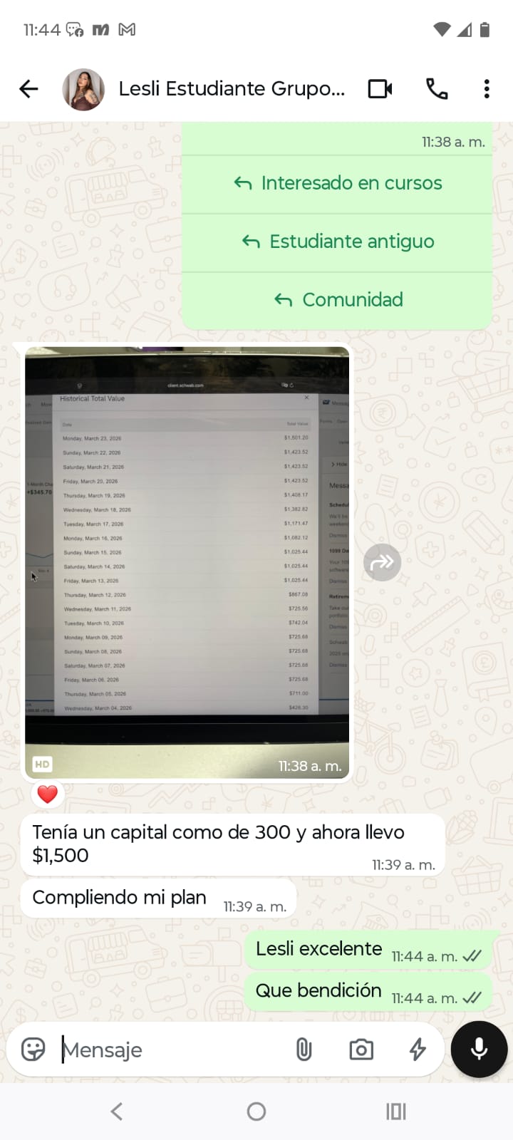 Testimonio de estudiante 4 en WhatsApp