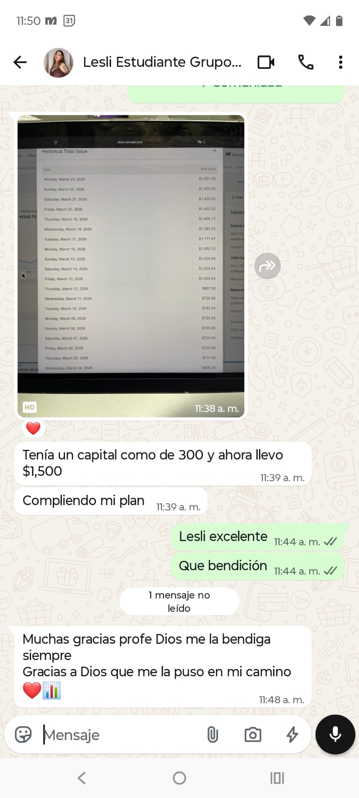 Testimonio de estudiante 5 en WhatsApp