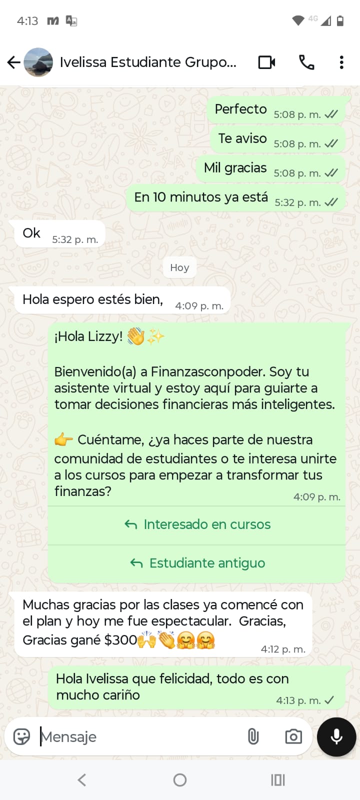 Testimonio de estudiante 2 en WhatsApp