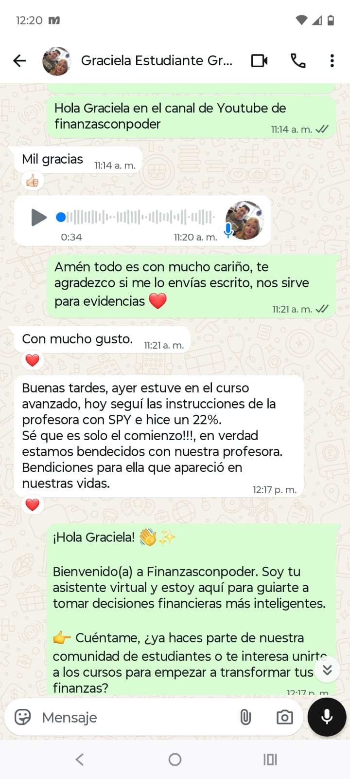 Testimonio de estudiante 3 en WhatsApp