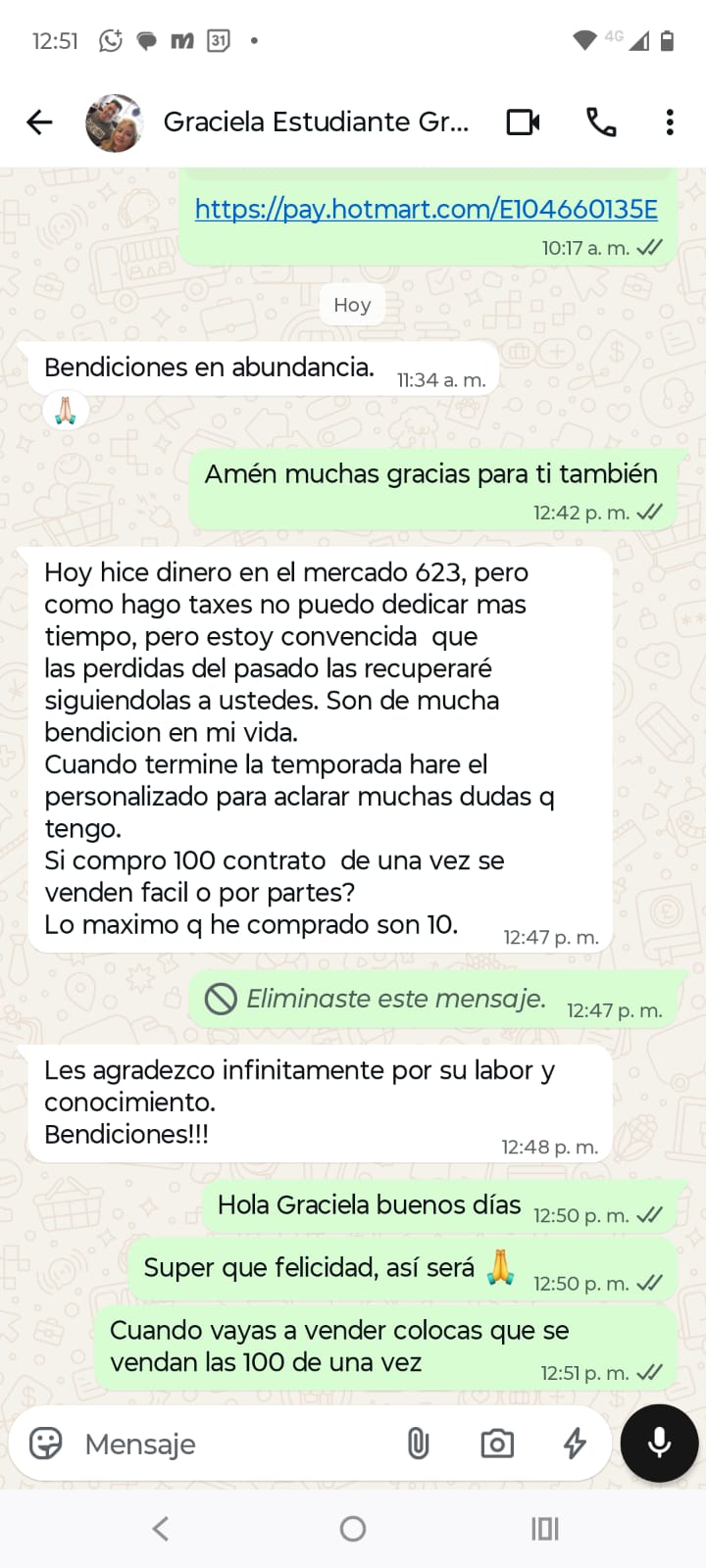 Testimonio de estudiante 3 en WhatsApp